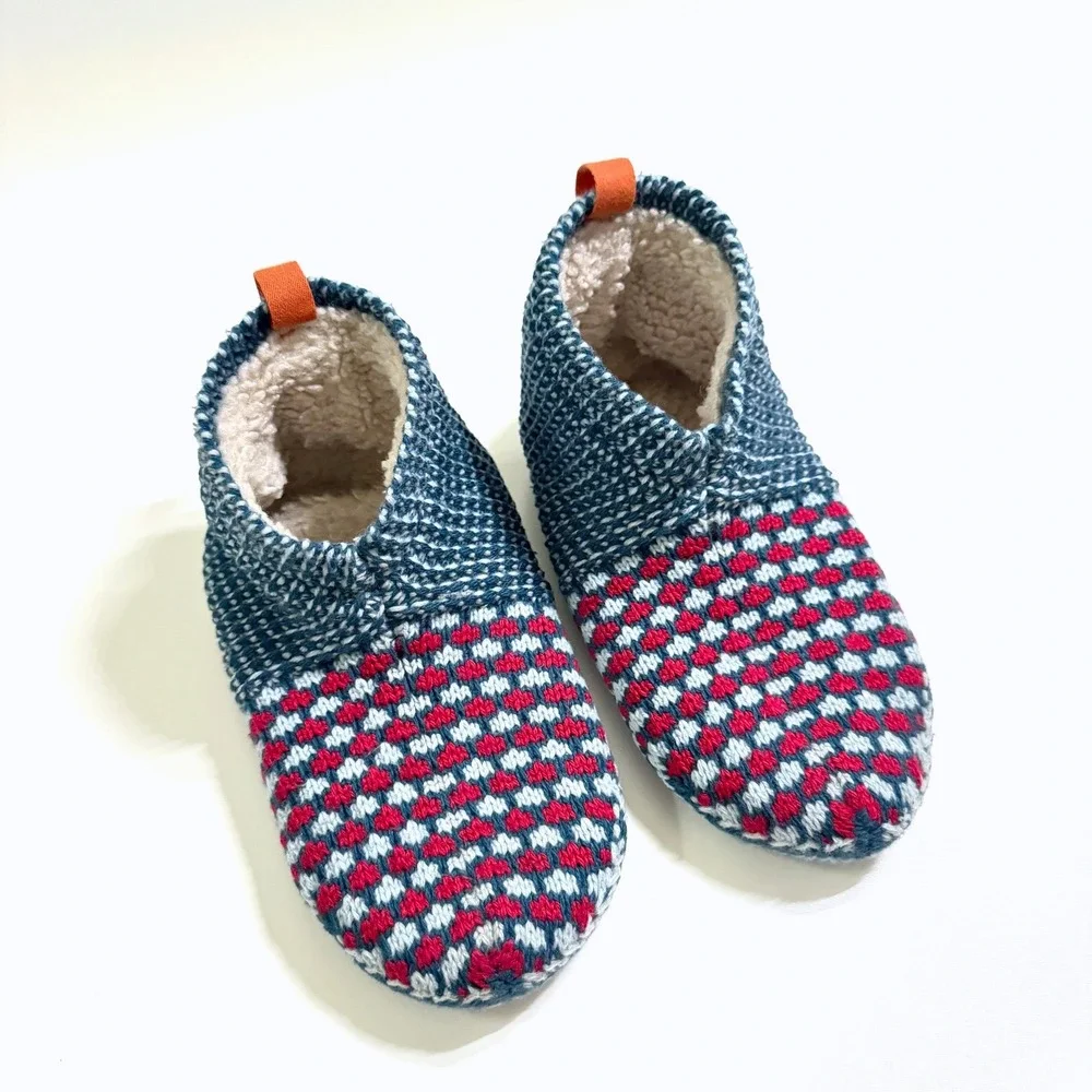 Bombas Gripper Slippers Kids 11-13 Blue Red Knit Sherpa Lined House Shoes